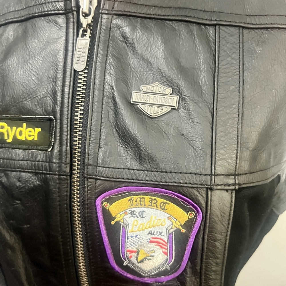 Harley-Davidson Black Leather Hoodie Vest with Colorful Patches Womens Small - Picture 7 of 10
